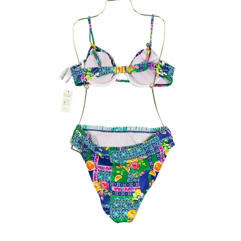 CUPSHE Citrus Floral Patchwork Swimsuit NWT Women's Large High Waist Bikini Set